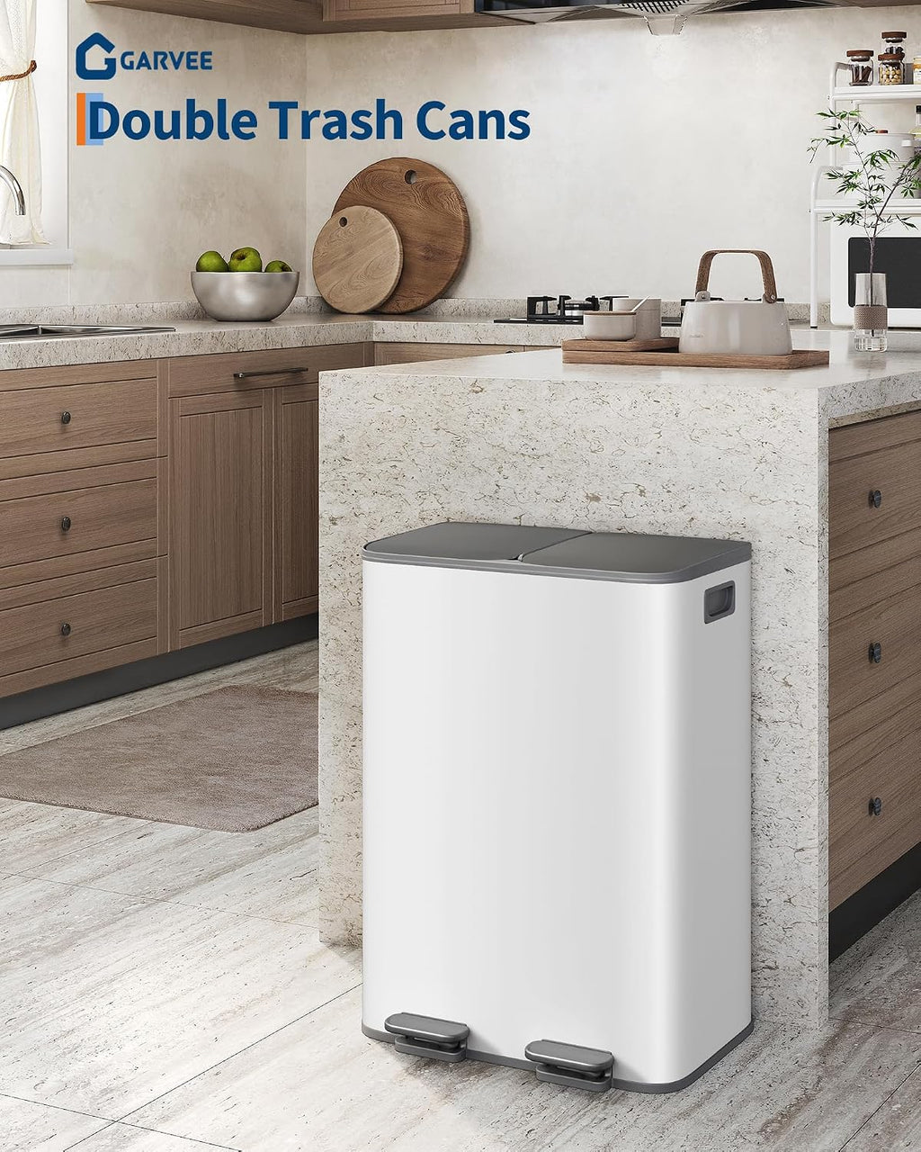 GarveeHome 2 x 8 gal Stainless Steel Double Trash Can with Lid for Kitchen, Large Dual Trash and Recycle Bin Combo, Step-on Kitchen Metal Garbage Cans, PP Inner Buckets, Liner Rim, Grayish-White