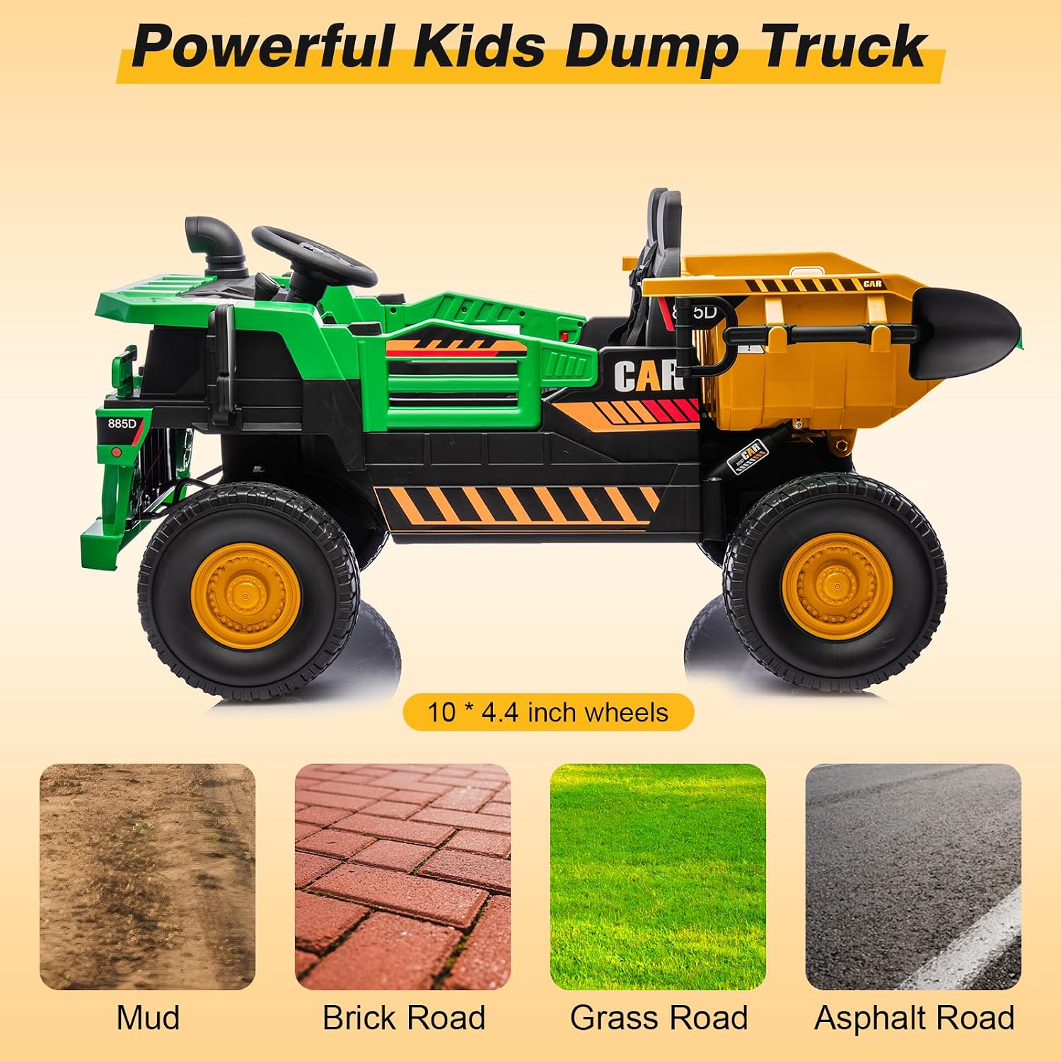 RunFast 12V 2 Seater Ride on Dump Truck for Kids,Electric Ride on Cars with Remote Control,2X35W Powerful Motors Up to 4Mph,Electric Dump Bed,Extra Shovel,Music Player(Green+Yellow,12V)