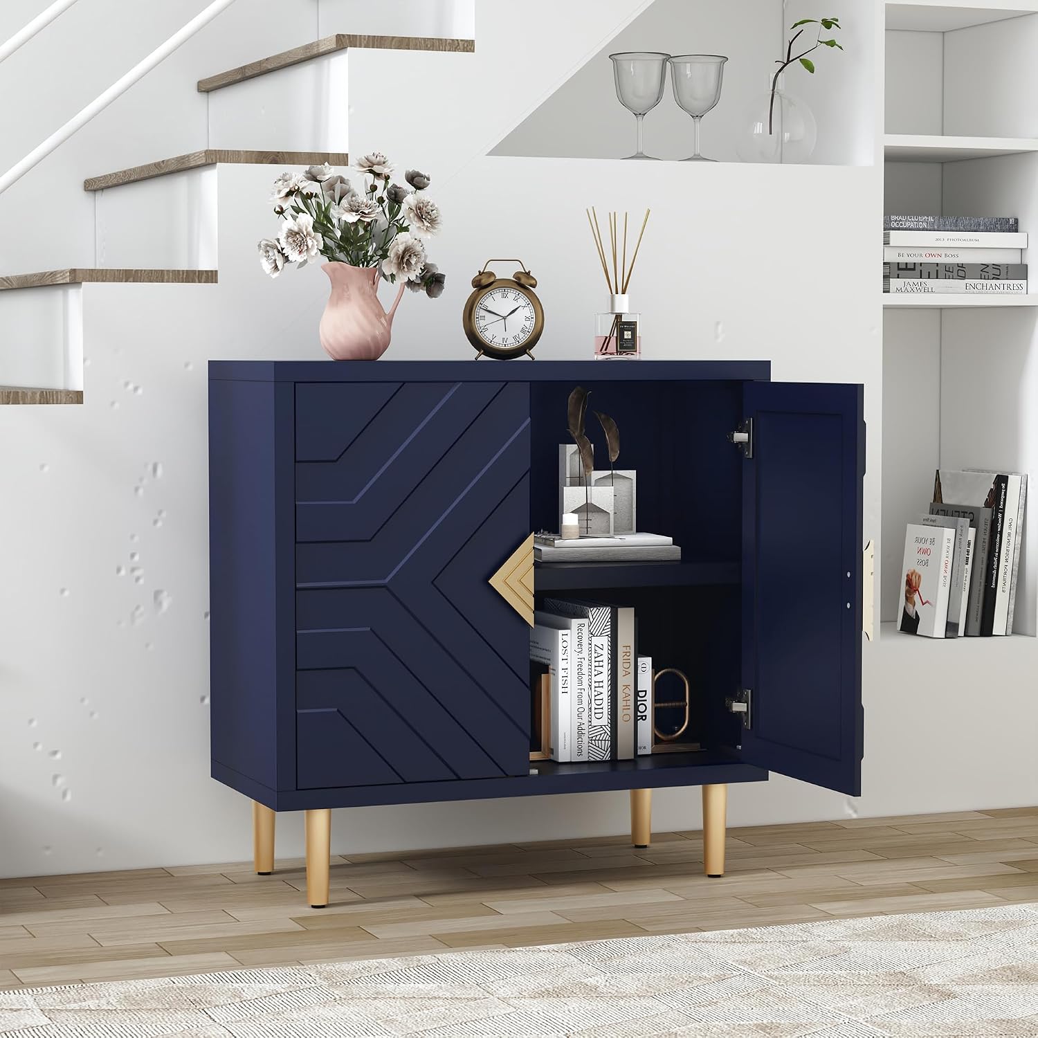 HLR Sideboard Storage Cabinet with 2 Doors, Accent Cabinet with Decorative Embossed Pattern Doors, Sideboard Buffet for Living Room, Kitchen, Dining Room, Hallway