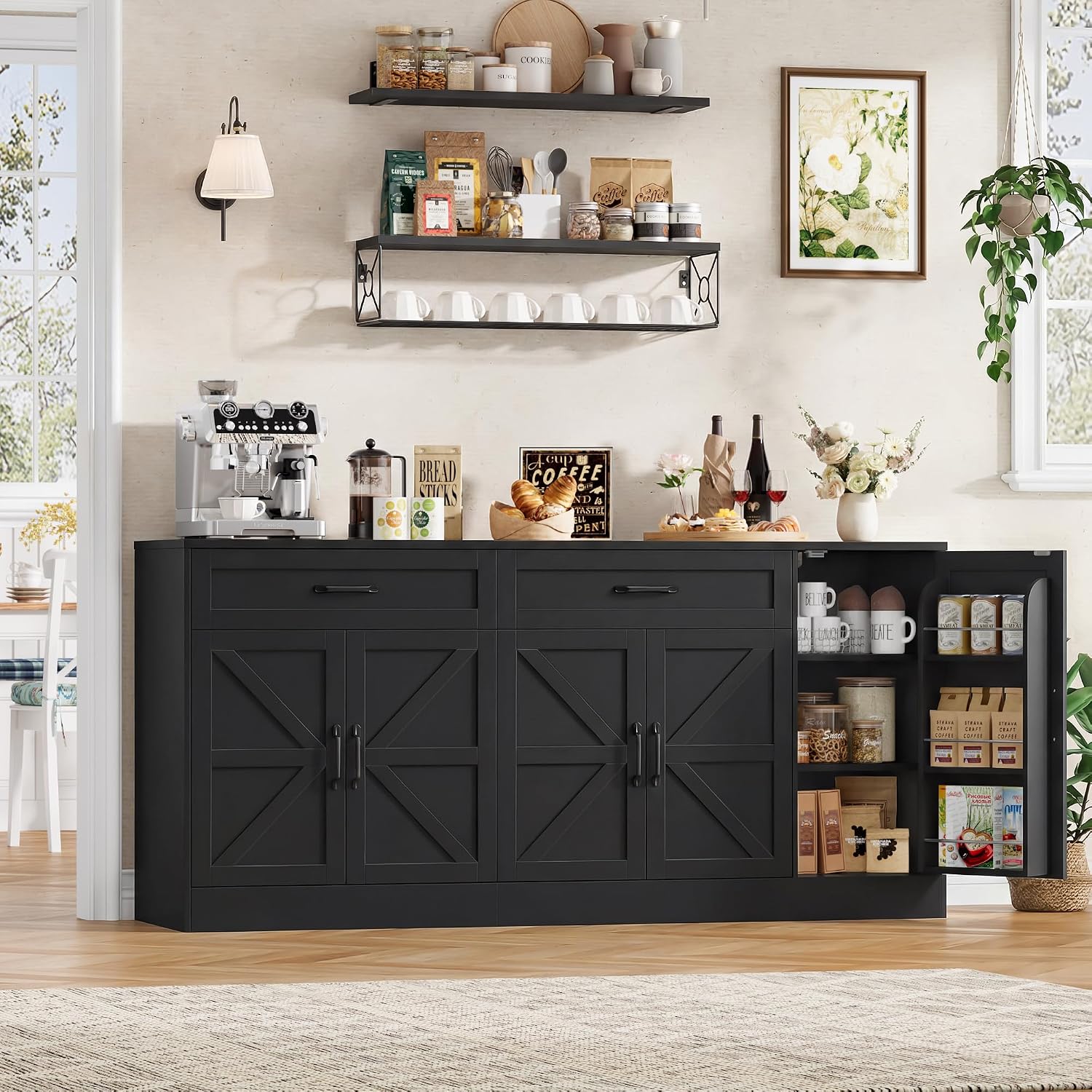 BOTLOG 71' Large Sideboard Buffet Cabinet with Storage, Farmhouse Buffet Cabinet with Adjustable Shelves and 3 Door Shelves, Wood Coffee Bar Console Table for Kitchen, Dining Room (Black)