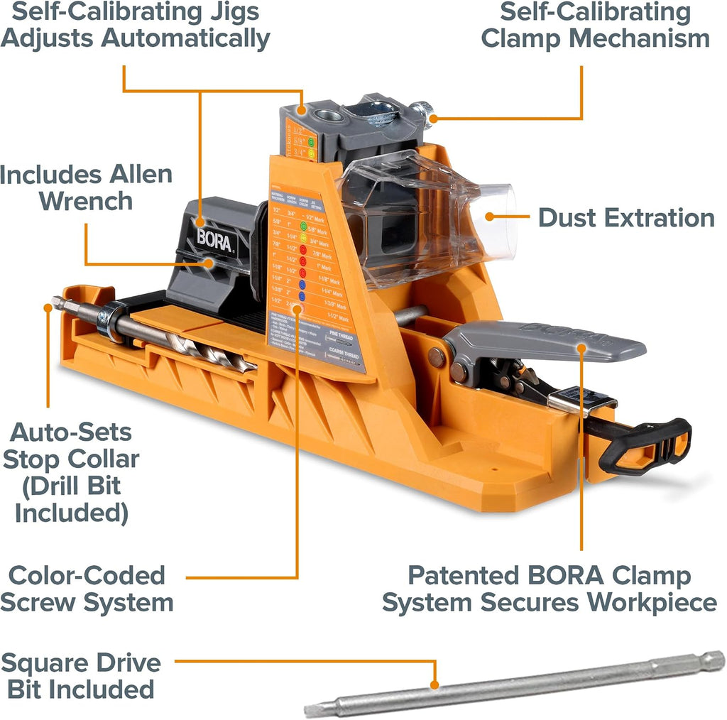 BORA Automatic Pocket Hole Jig with 3' Face Clamp and 50 Screws, Auto Adjusting Drill Guide, Pocket Hole Jig Kit for Woodworking - For Materials 1/2 inch to 1 1/2 inch Thick, Power Tool Accessory Jigs