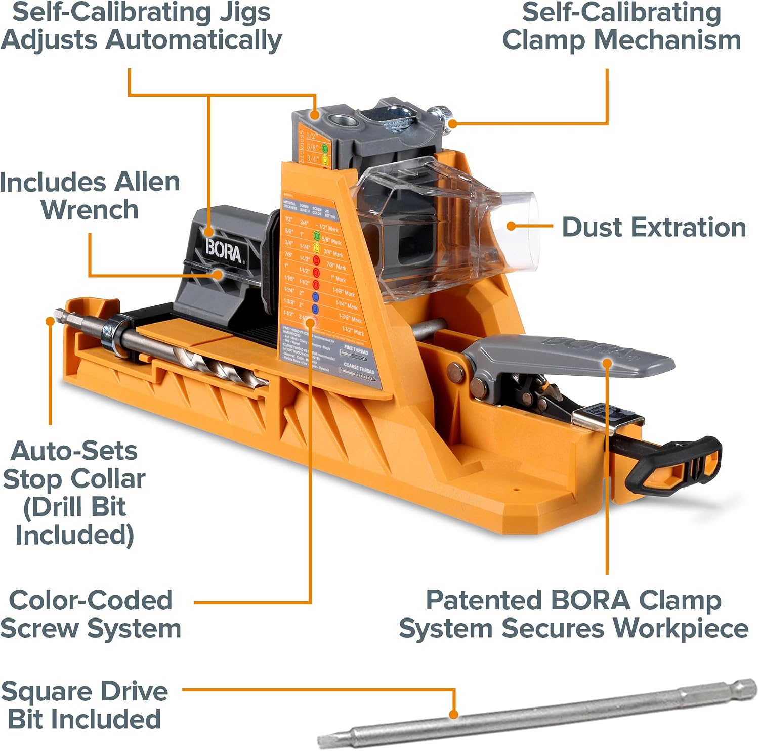 BORA Automatic Pocket Hole Jig with 3' Face Clamp and 50 Screws, Auto Adjusting Drill Guide, Pocket Hole Jig Kit for Woodworking - For Materials 1/2 inch to 1 1/2 inch Thick, Power Tool Accessory Jigs