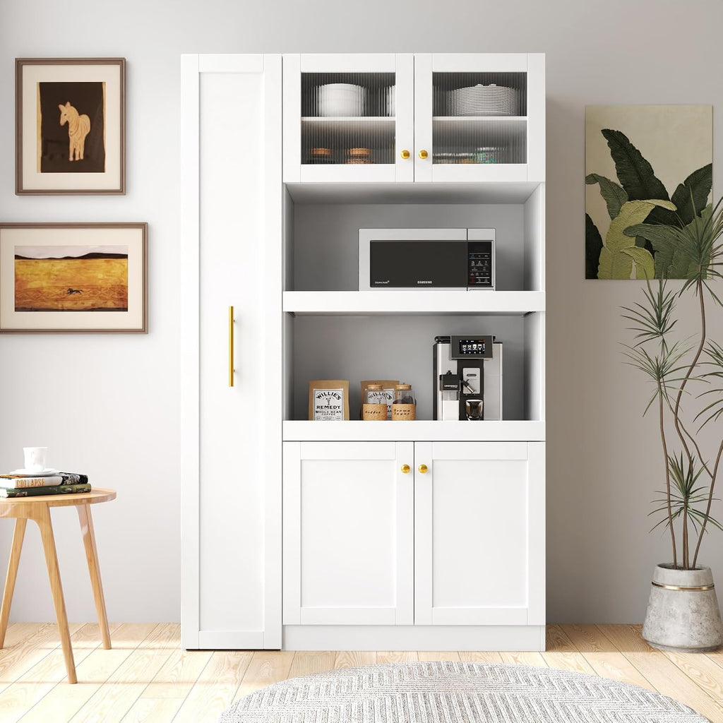 Ball & Cast 71″Tall Freestanding Kitchen Pantry Cabinet with 2 Pull-Out Shelves,Versatile Farmhouse Pantry Storage Cabinet w/Pull-Out Storage Shelf and 4 Doors,for Kitchen and Dining Room,White