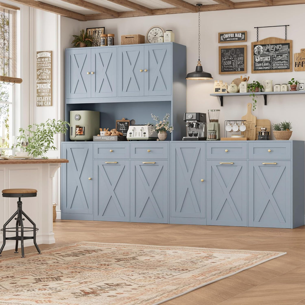 HOSTACK 12.5 Gallon Kitchen Trash Cabinet, 47' Double Trash Can Cabinet, Large Pull Out Can Storage Drawers, Wood Farmhouse Hidden Garbage Storage Buffet for Kitchen, Dining Room, Blue