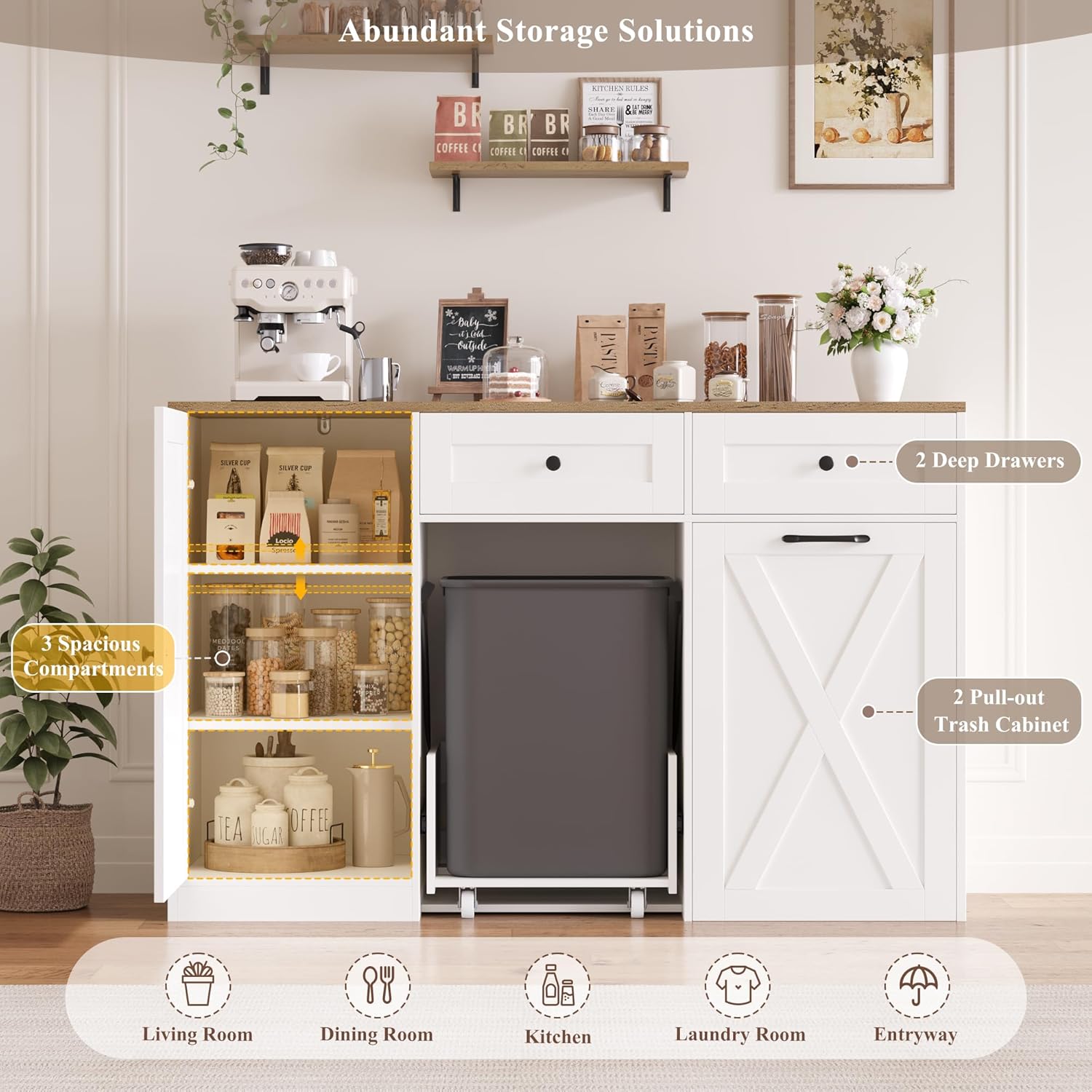 HOSTACK 12.5 Gallon Kitchen Trash Cabinet, 47' Double Trash Can Cabinet, Large Pull Out Can Storage Drawers, Wood Farmhouse Hidden Garbage Storage Buffet for Kitchen, Dining Room, White