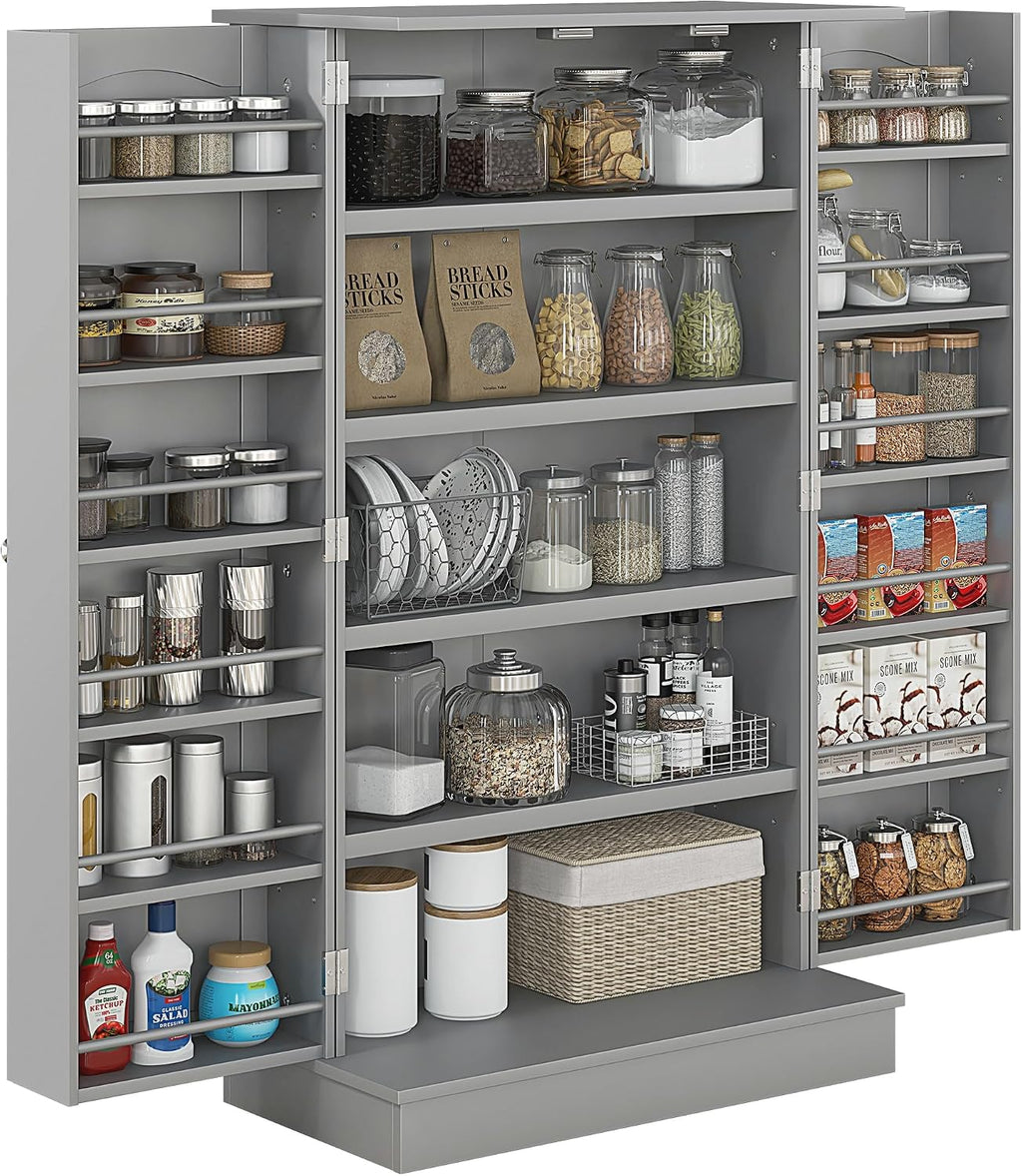 HOMCOM 41' Kitchen Pantry Storage Cabinet, Freestanding Kitchen Cabinet with 12 Door Shelves, Double Doors, 5-Tier Shelving and Adjustable Shelves, Gray