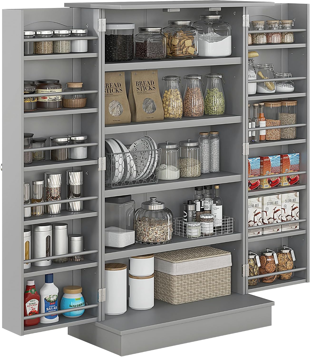 HOMCOM 41' Kitchen Pantry Storage Cabinet, Freestanding Kitchen Cabinet with 12 Door Shelves, Double Doors, 5-Tier Shelving and Adjustable Shelves, Gray