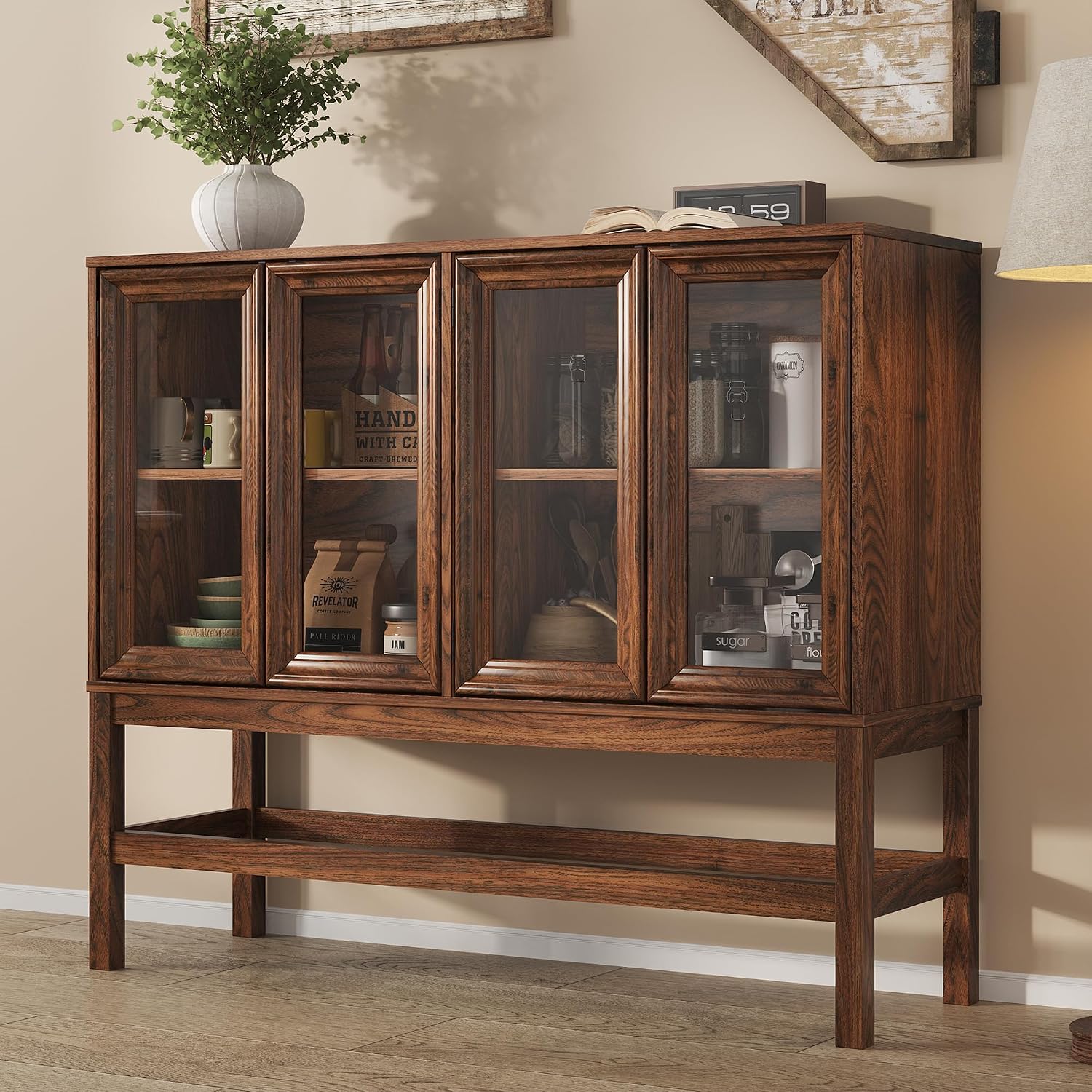Sideboard Buffet Cabinet with Storage, Small Kitchen Coffee Wine Bar Cabinet with Glass Press-to-Open Doors, Wood Mid Century Modern Side Board Table for Dining Room, Living Room