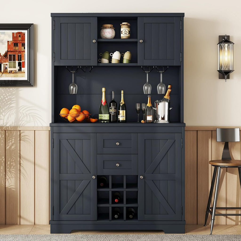 Farmhouse Wood Kitchen Pantry, Freestanding Coffee Bar Cabinet Kitchen Buffet Cabinet with Drawers, Adjustable Shelves and Wine & Glass Racks for Dining Room, Kitchen (Antique Blue-2.16)