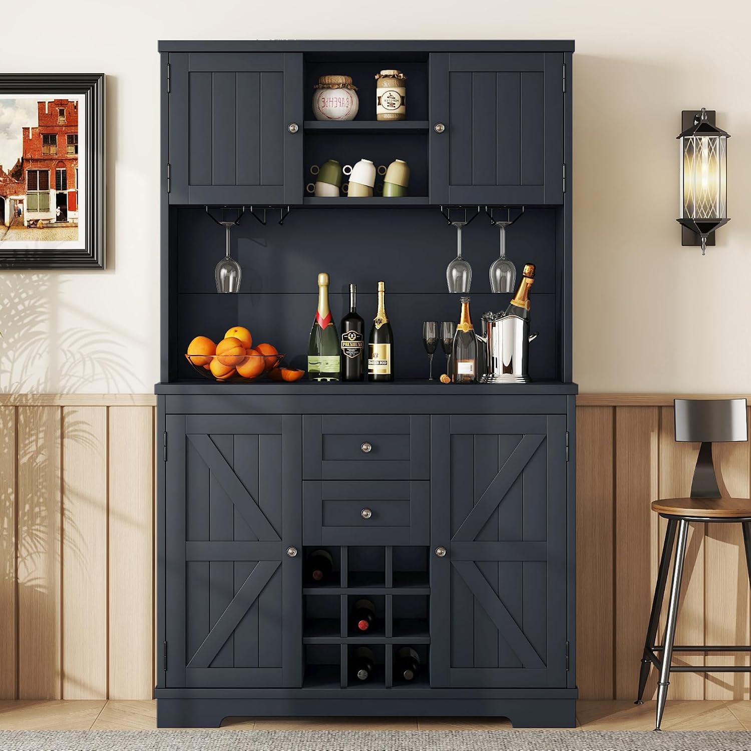 Farmhouse Wood Kitchen Pantry, Freestanding Coffee Bar Cabinet Kitchen Buffet Cabinet with Drawers, Adjustable Shelves and Wine & Glass Racks for Dining Room, Kitchen (Antique Blue-2.16)