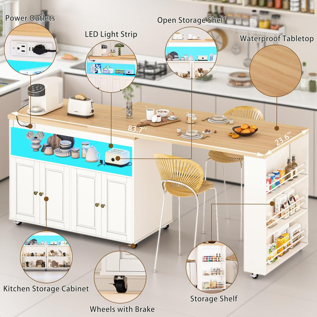 84'' Rolling Kitchen Island with Swivel Table, Kitchen Cart with LED Lights, Power Outlet, Movable Storage Cabinet with Side Tabletop on Wheels, for Kitchen, Living Room, Home Bar, White