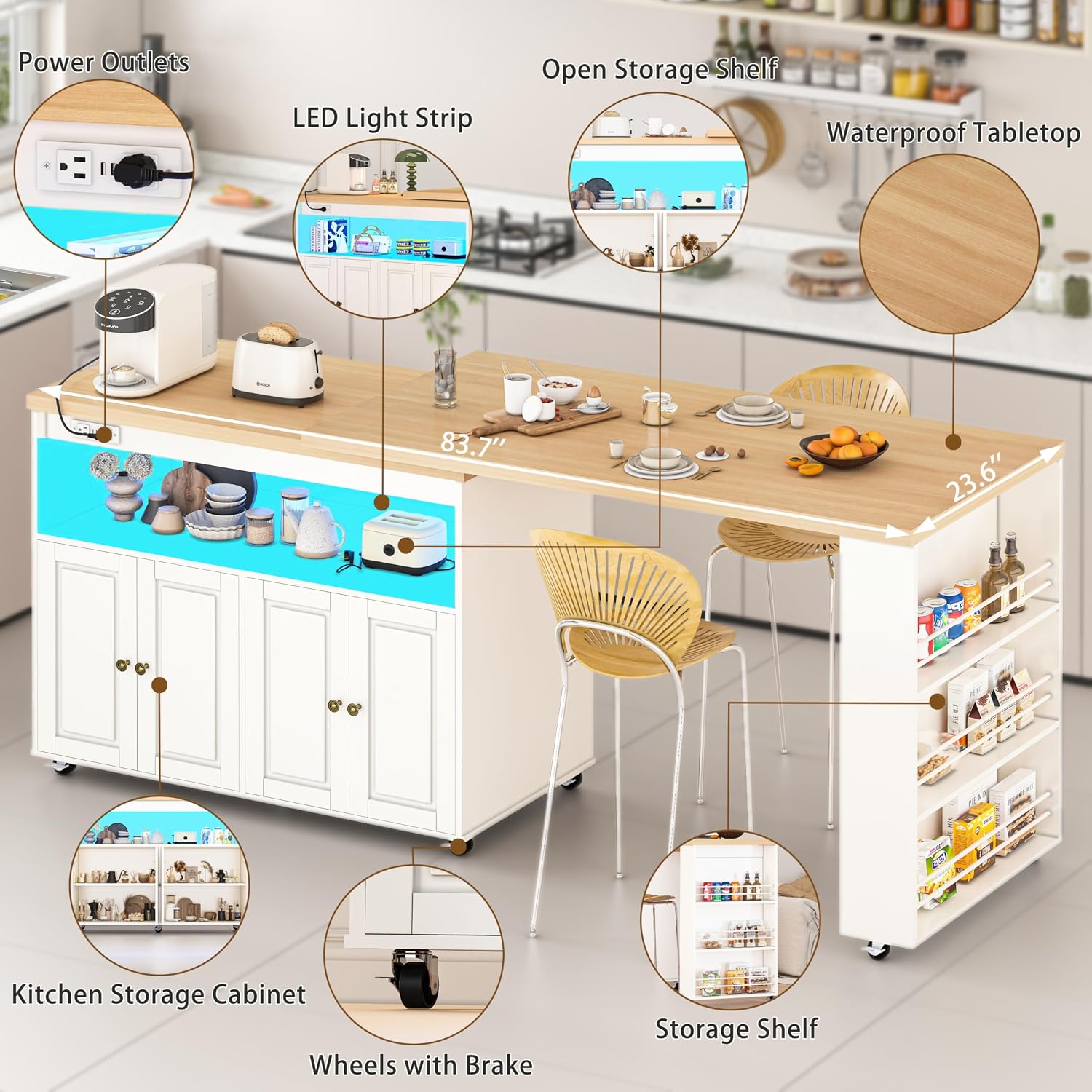 84'' Rolling Kitchen Island with Swivel Table, Kitchen Cart with LED Lights, Power Outlet, Movable Storage Cabinet with Side Tabletop on Wheels, for Kitchen, Living Room, Home Bar, White
