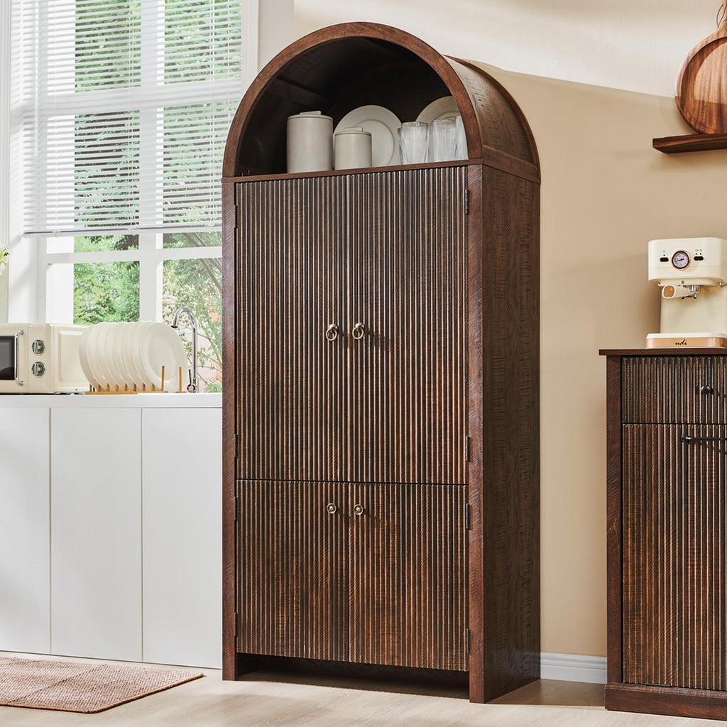 IFBUY 71' Tall Arched Bathroom Storage Cabinet, Modern Fluted Storage Cabinet w/Doors, 3 Adjustable Shelves, 6 Door Shelves, Wood Freestanding Cabinet for Bathroom, Entryway, Hallway, Brown