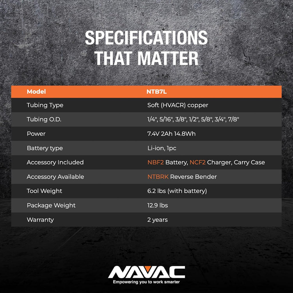 NAVAC NTB7L Power Tubing Bender for Soft Copper Tubing - Battery-Operated - One-Button Operation - Quick Connect Mandrel - Easy-Release Baffle - 7-in-1 Tubing Size Selector
