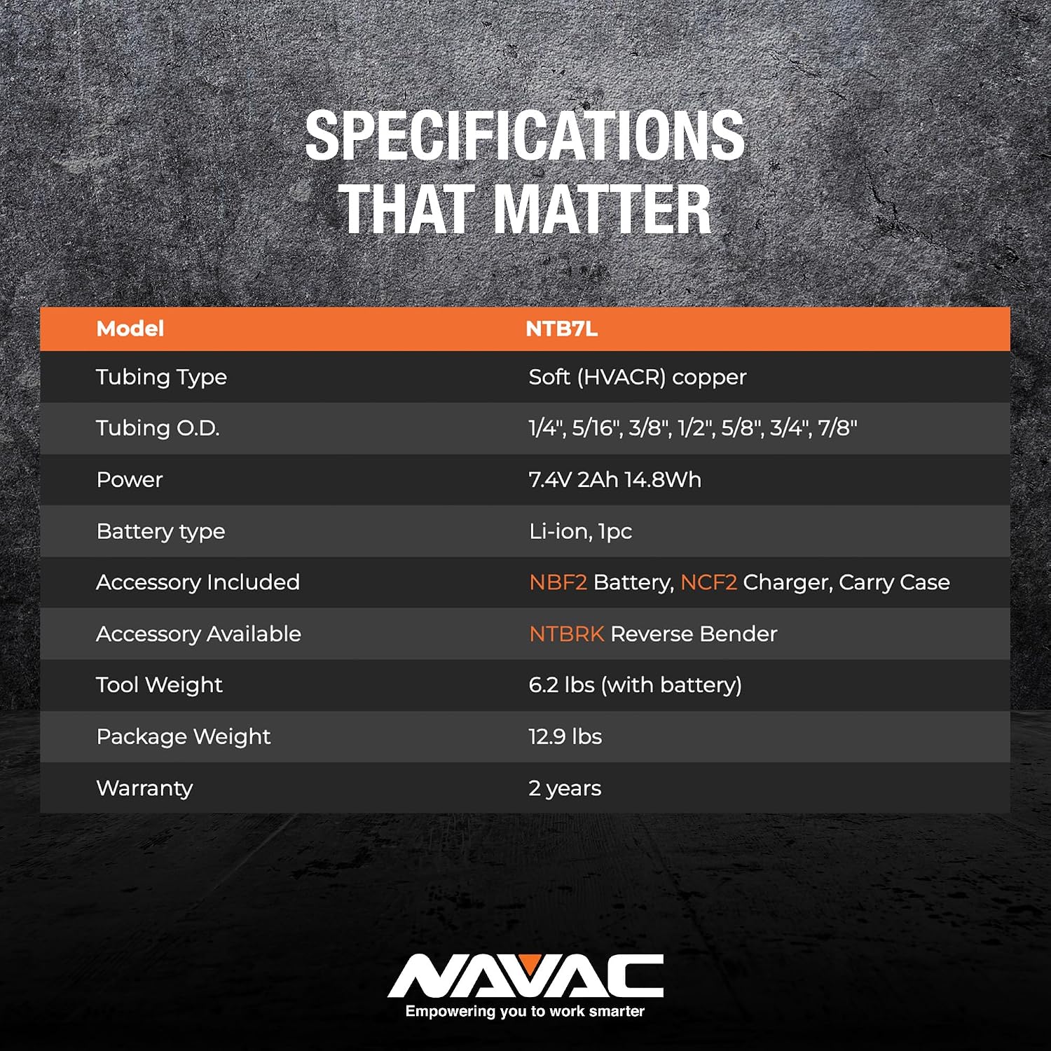 NAVAC NTB7L Power Tubing Bender for Soft Copper Tubing - Battery-Operated - One-Button Operation - Quick Connect Mandrel - Easy-Release Baffle - 7-in-1 Tubing Size Selector