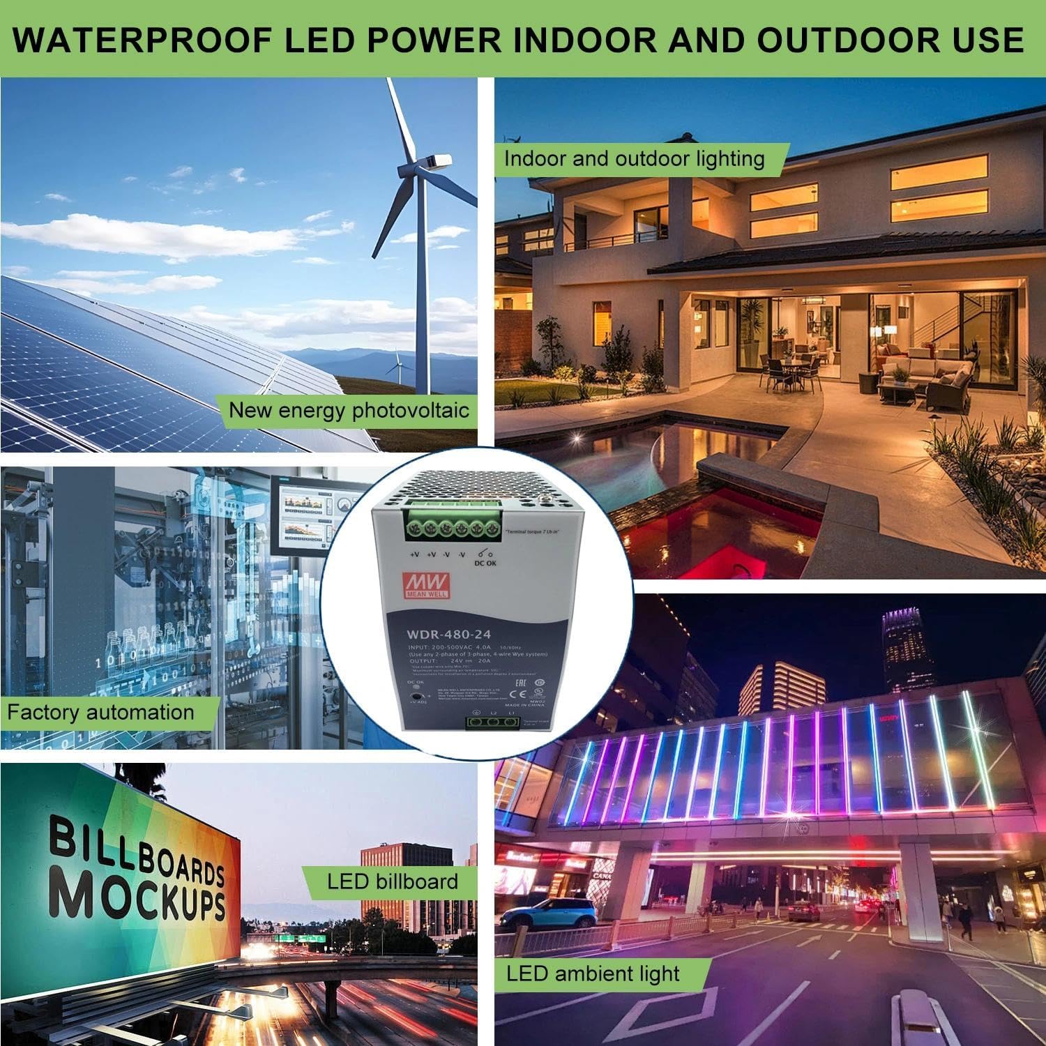 WDR-480-24 480W 24V 20A DIN Rail Power Supply, Wide 180-550VAC Input for Unstable Power, UL508 Listed for Industrial Control, for PLC Systems, Industrial Robots and Motor Drives