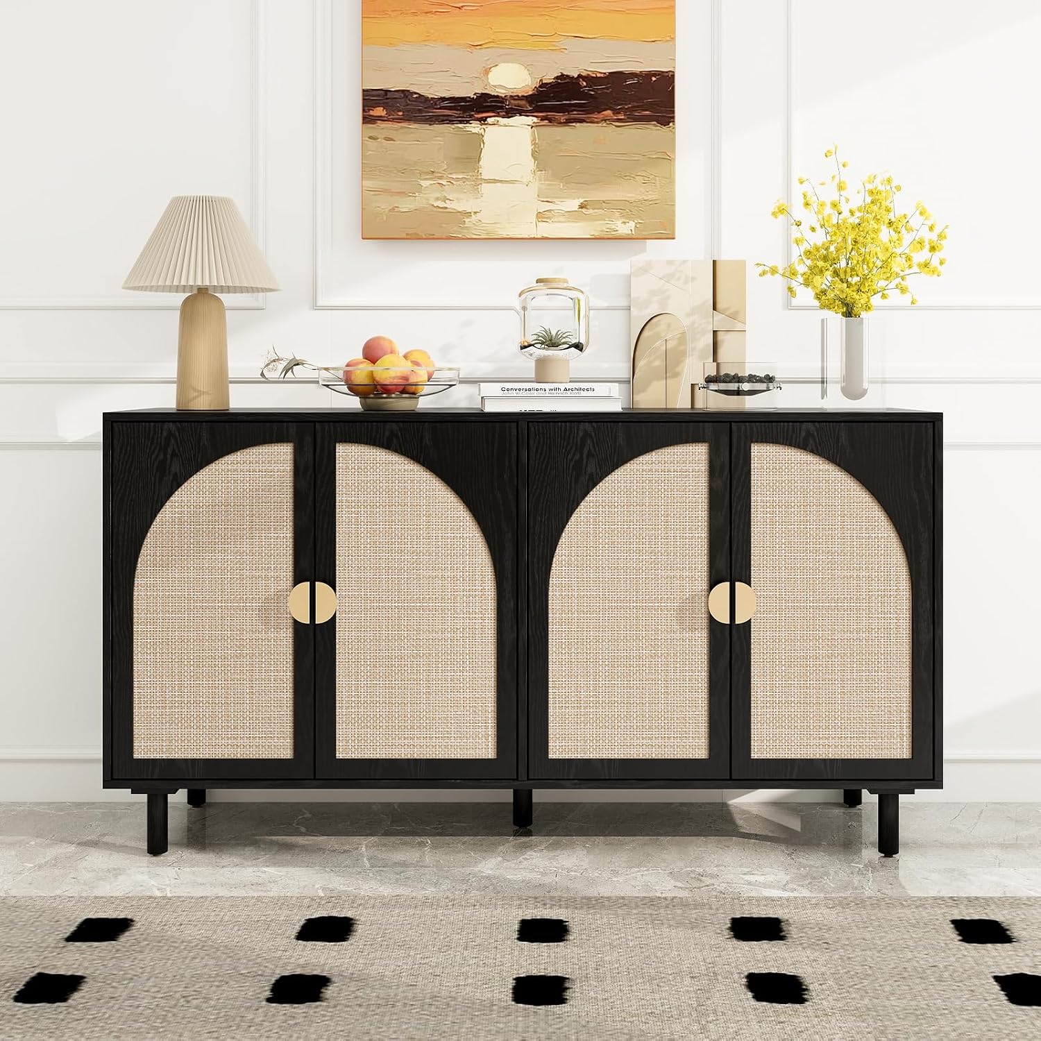 vistavie Black Rattan Buffet 4-Door Storage Cabinet with Adjustable Shelves, Solid Pine Legs, Sideboard TV Stand for Living Room, Coffee Bar for Dining Room & Kitchen