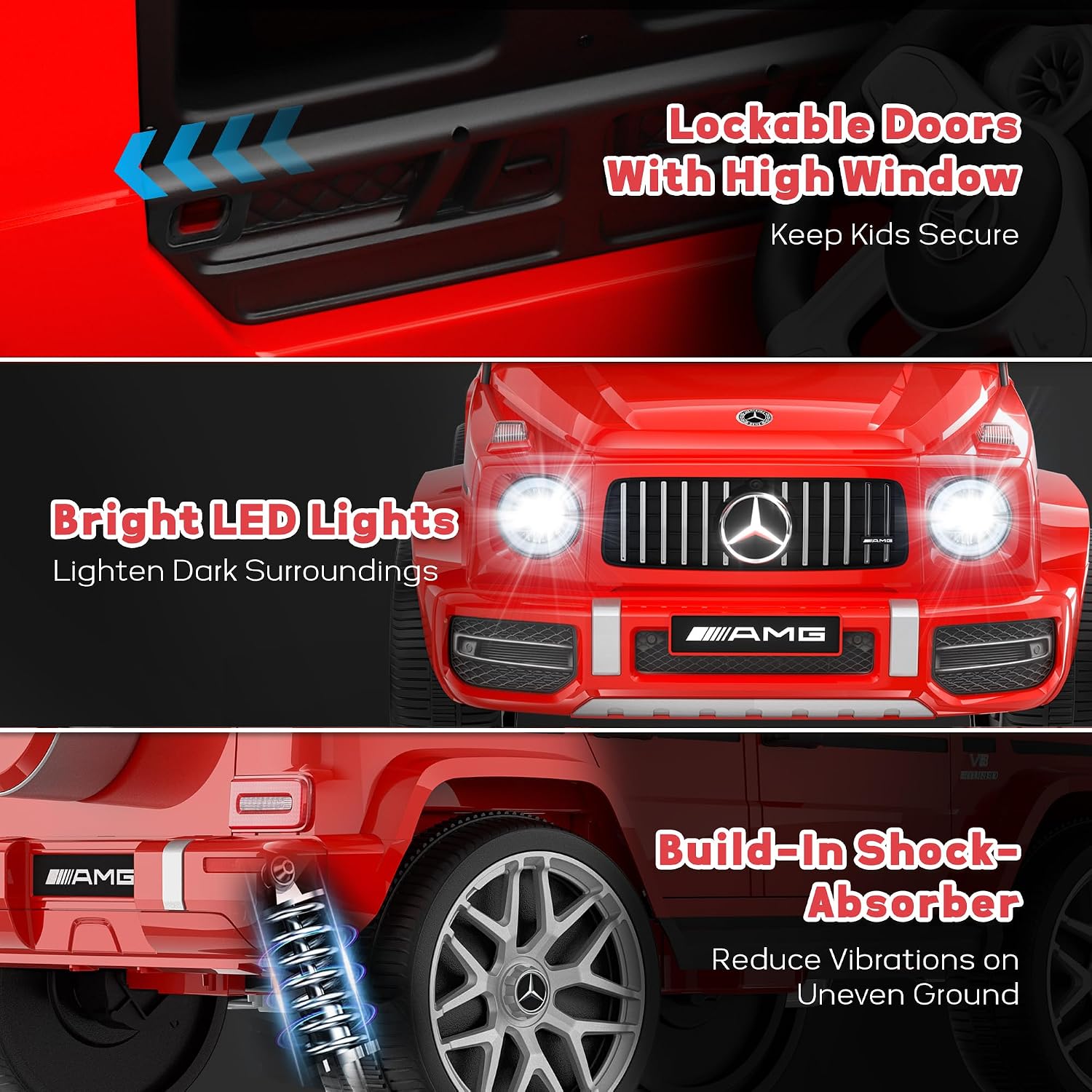 Licensed Mercedes Benz G63 Kids Electric Car, 12V G Wagon Ride on Car w/Safety High Window, Remote Control, 3 Speeds, Music Player, Horn & LED Lights for Toddlers (Red)