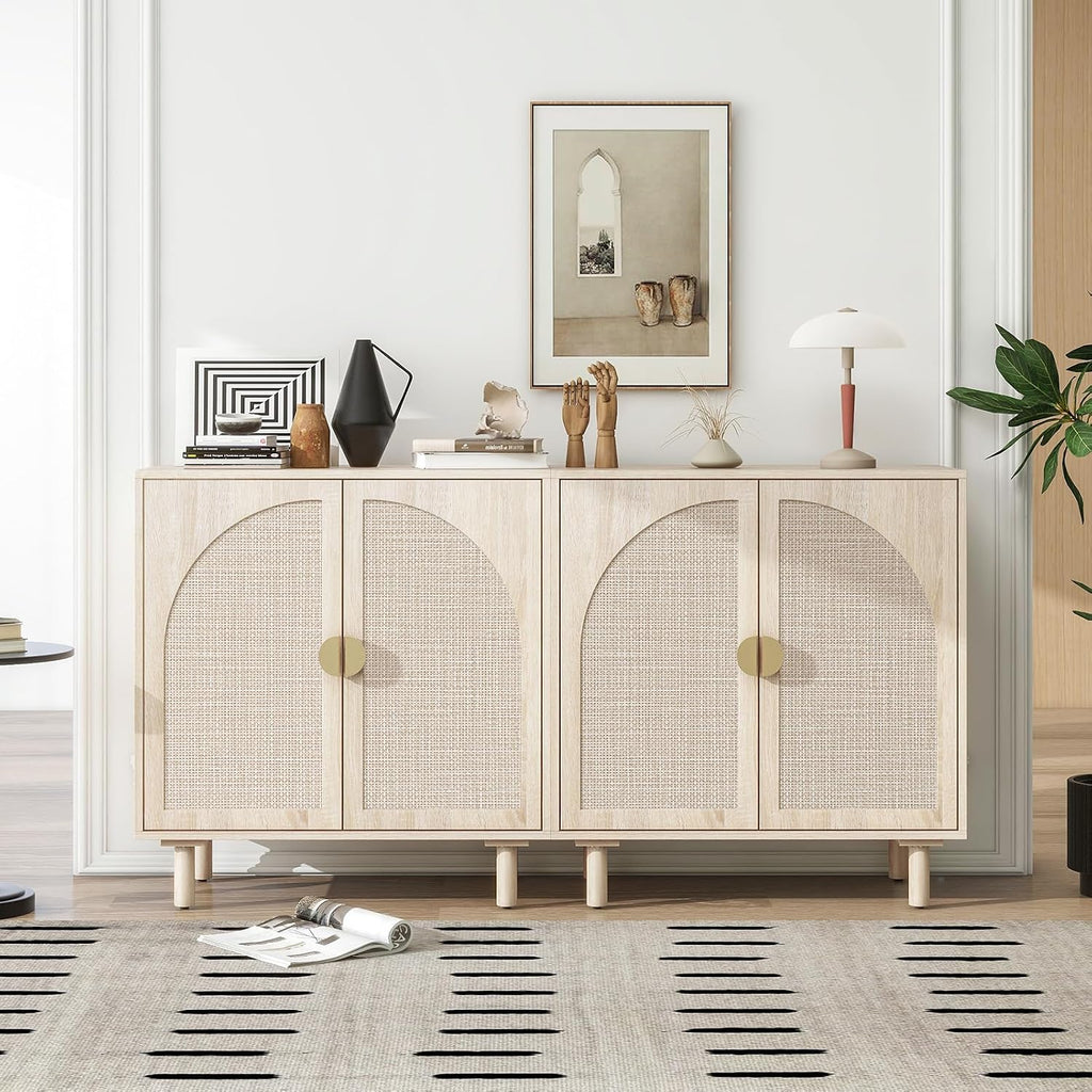 vistavie Rattan Buffet 2 Door Cabinet with Storage, Sideboard Storage Cabinet with Solid Pine Legs, Accent Wood Cabinet for Living Room, Dining Room, Kitchen (Natural, Set 2)