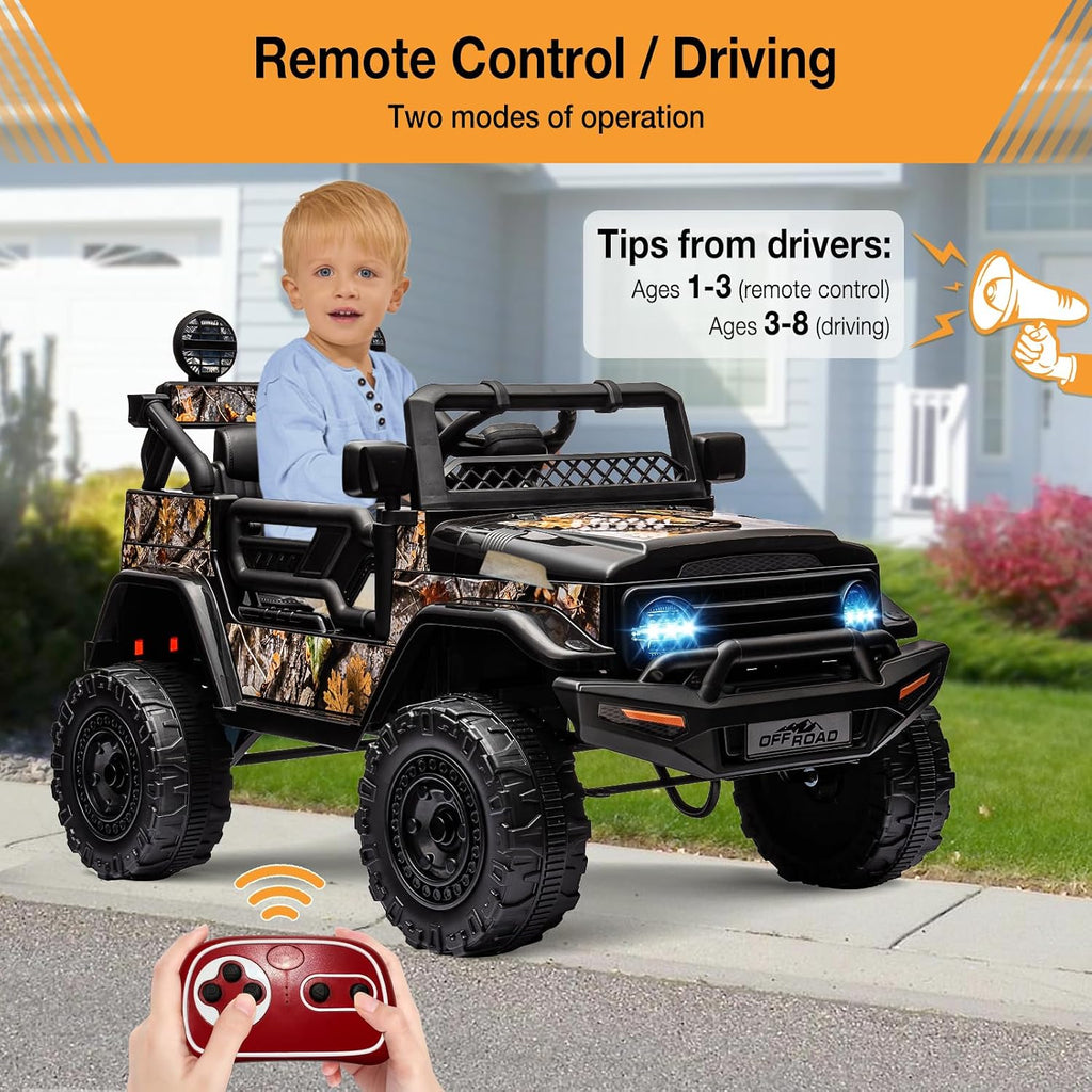2 Seater Ride On Car for Kids, 12V Electric Truck with Parent Remote Control, Spring Suspension, 2 Speeds, LED Headlight & Music Player, Kids Electric Vehicle for Aged 3-8 Years, Black