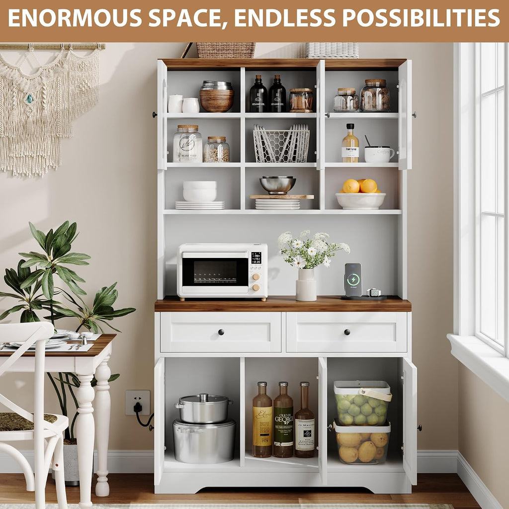 GarveeHome Pantry Cabinet with Charging Station, Tall Kitchen Pantry Storage Cabinet with Hutch,70.8 Inch Kitchen Cabinet with 30mm Thickened Countertop, Fluted Glass Doors, for Dining Room, White