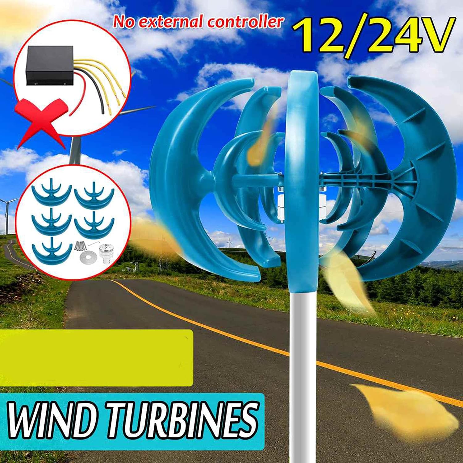 3000W Lantern Wind Turbines Generator, AC 12V 24V 5 Blades Vertical Axi Turbines Kit for Home Hybrids Streetlight Electromagnetic