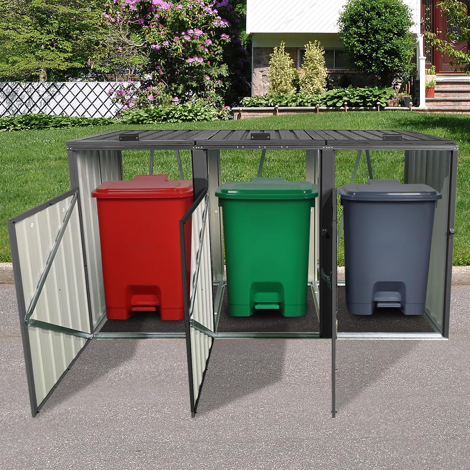 Garbage Can Storage Shed for 3 Trash Bins Outdoor Metal Bin Enclosure with Lockable Doors and Ventilation Weather-Resistant Steel Trash Can Hideaway with Lid and Spring Design for Patio Backyard Black