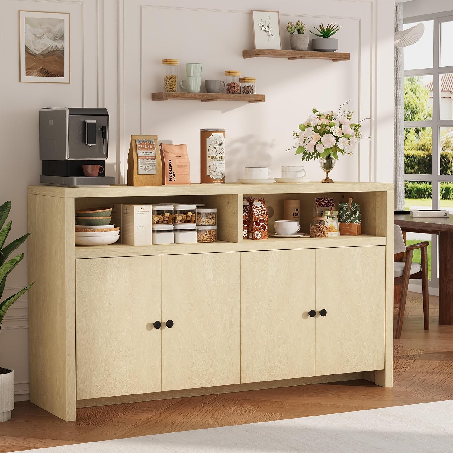 Garvee Sideboard Buffet Cabinet with Storage, 55'' Large Farmhouse Kitchen Storage Cabinet with 4 Doors & Adjustable Shelves, Wood Coffee Bar Cabinet for Kitchen Dining Room Entryway Living Room, Oak