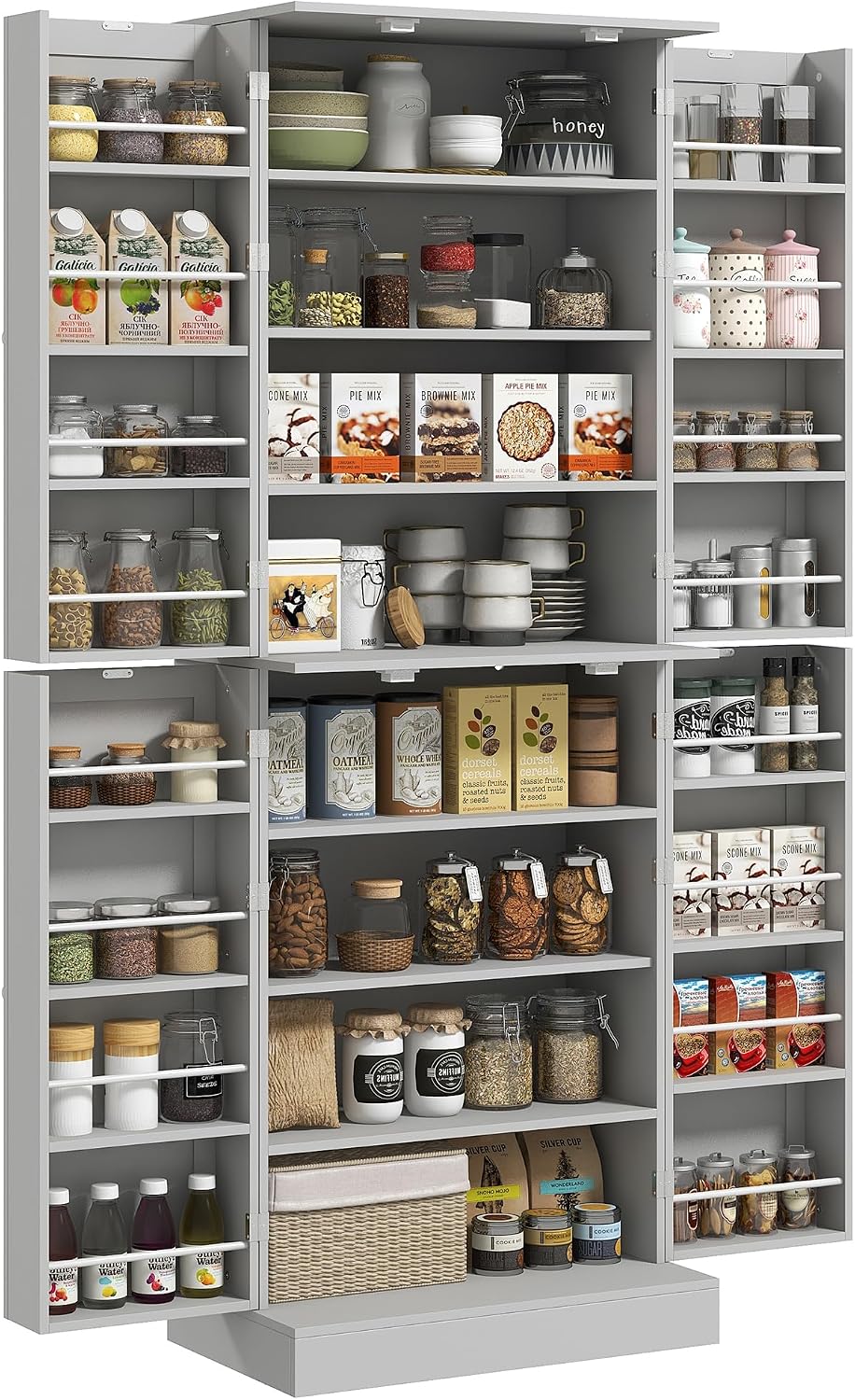 HOMCOM 65' Kitchen Pantry Storage Cabinet, Freestanding Kitchen Cabinet with 16 Door Shelves, Double Doors, 8-Tier Shelving and Adjustable Shelves, Gray