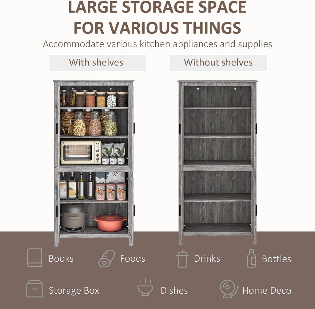 HOMCOM 64' Kitchen Pantry Cabinet, Freestanding Storage Cabinet with 4 Doors and 3 Adjustable Shelves for Dining Room, Gray Oak