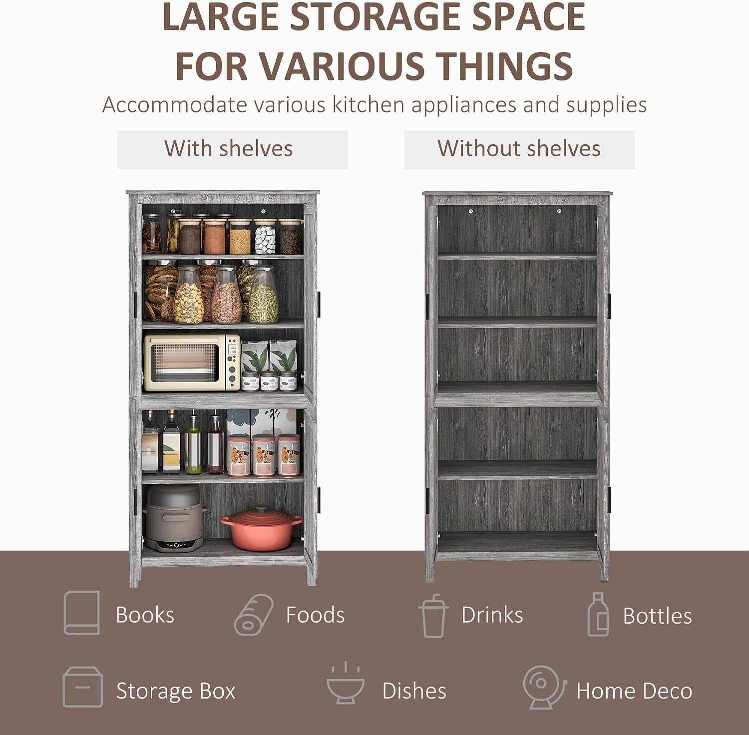 HOMCOM 64' Kitchen Pantry Cabinet, Freestanding Storage Cabinet with 4 Doors and 3 Adjustable Shelves for Dining Room, Gray Oak