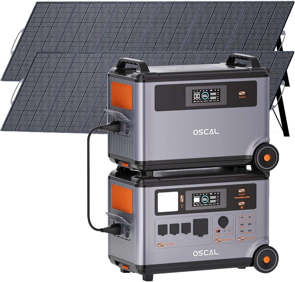 OSCAL 6000W(9000W Peak) Portable Solar Power Station with 2 * 500W Solar Panels, 3600Wh LiFePO4 Battery with 3600Wh Expansion Battery Pack, 2400W Solar Charging Generator for Camping, Home, Emergency