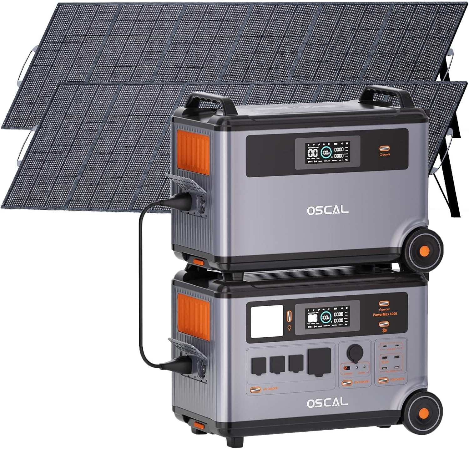 OSCAL 6000W(9000W Peak) Portable Solar Power Station with 2 * 500W Solar Panels, 3600Wh LiFePO4 Battery with 3600Wh Expansion Battery Pack, 2400W Solar Charging Generator for Camping, Home, Emergency
