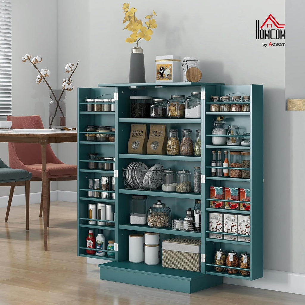 HOMCOM 41' Kitchen Pantry Storage Cabinet, Freestanding Kitchen Cabinet with 12 Door Shelves, Double Doors, 5-Tier Shelving and Adjustable Shelves, Blue