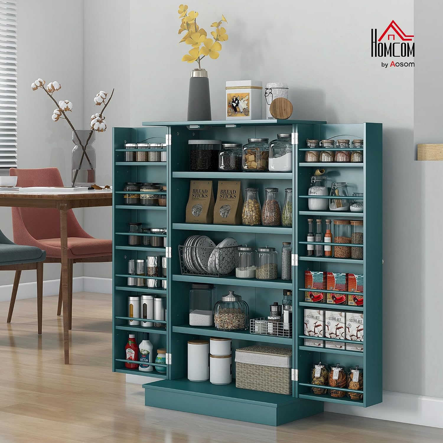 HOMCOM 41' Kitchen Pantry Storage Cabinet, Freestanding Kitchen Cabinet with 12 Door Shelves, Double Doors, 5-Tier Shelving and Adjustable Shelves, Blue