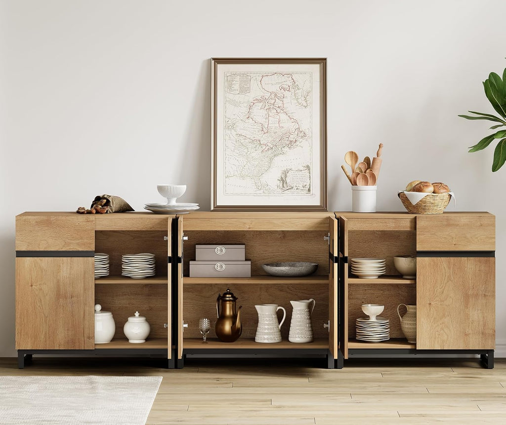 WAMPAT Sideboard Buffet Cabinets, Modern Sideboard with Adjustable Shelf and Metal Base, Coffee Bar Cabinet Storage Cabinet for Living Room, Kitchen, 3Pcs, Oak