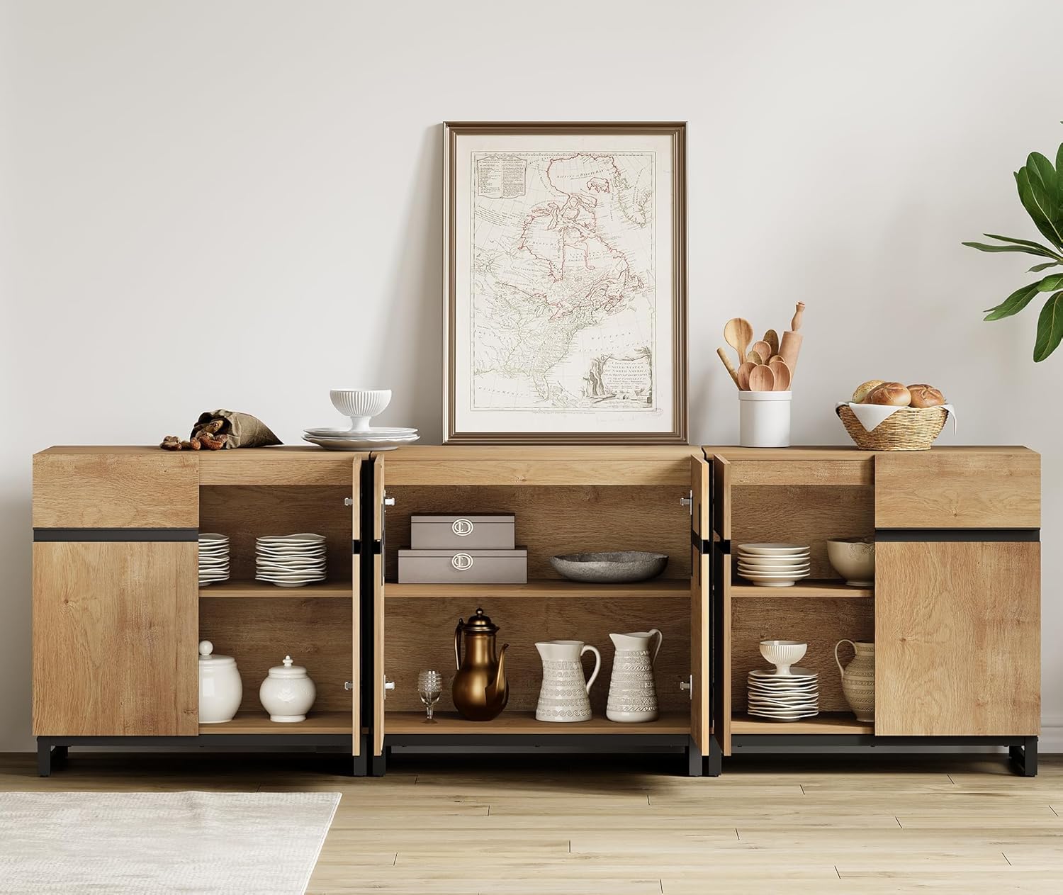 WAMPAT Sideboard Buffet Cabinets, Modern Sideboard with Adjustable Shelf and Metal Base, Coffee Bar Cabinet Storage Cabinet for Living Room, Kitchen, 3Pcs, Oak