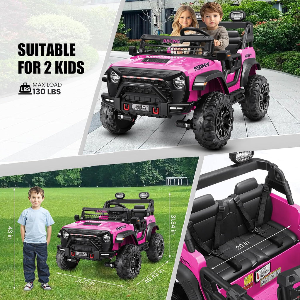 Hikole 24V Ride on Car with Remote Control, 2 Seater Electric Car for Kids w/20 Inch Wide Seat, 4x100W Motor, LED Headlight & Music Player, Power Car Wheels Ride on Toys for Boys Girls, Pink