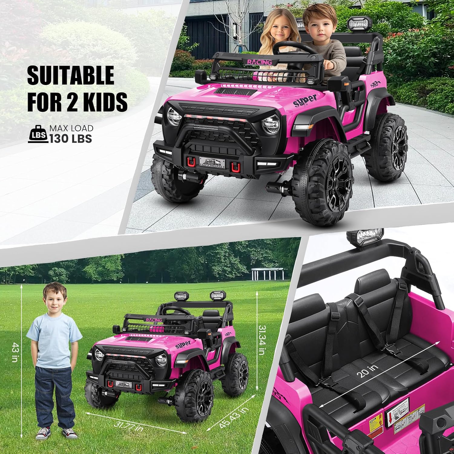 Hikole 24V Ride on Car with Remote Control, 2 Seater Electric Car for Kids w/20 Inch Wide Seat, 4x100W Motor, LED Headlight & Music Player, Power Car Wheels Ride on Toys for Boys Girls, Pink