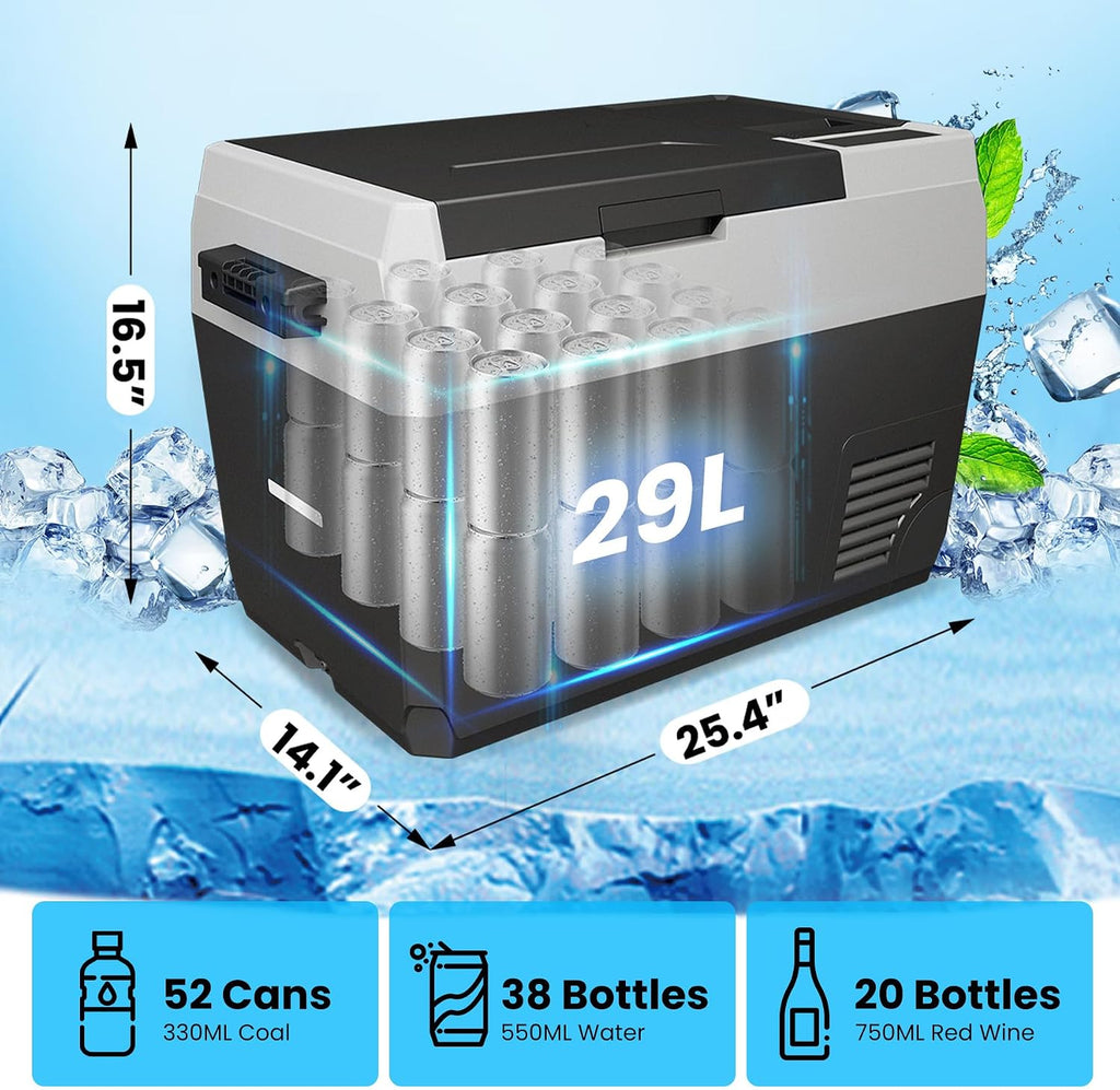 30QT (29L) 12V Car Refrigerator with APP Control – Dual DC/AC Power (12/24V & 110–240V), -7℉~78℉ Adjustable Temp – Portable Electric Freezer Cooler for Camping, Travel, Vehicles, Boats & Home Use