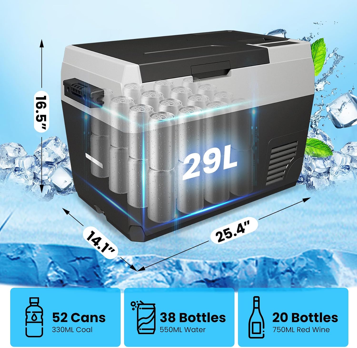 30QT (29L) 12V Car Refrigerator with APP Control – Dual DC/AC Power (12/24V & 110–240V), -7℉~78℉ Adjustable Temp – Portable Electric Freezer Cooler for Camping, Travel, Vehicles, Boats & Home Use