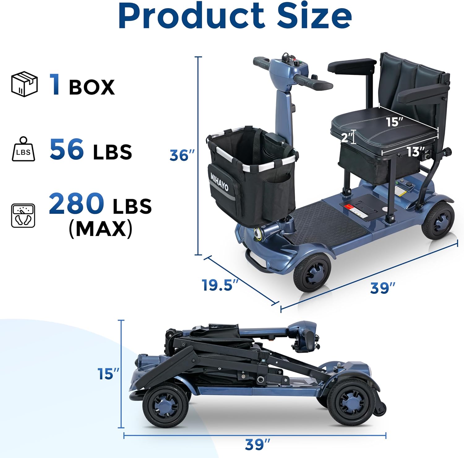 MIHAYO Lightweight 4-Wheel Mobility Scooter for Seniors and Adults, Airline Approved 24 Miles Range Electric Scooter with 280 lbs Capacity, 350W Motor and 112L Storage Wagon, Slate Blue