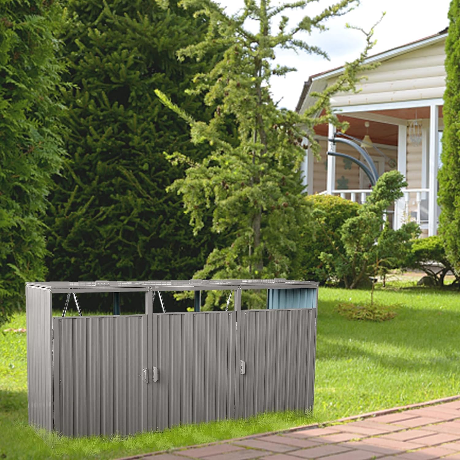 YOPTO Garbage Bin Storage Shed for 3 Trash Cans,Outdoor Trash Can Storage for Patio,Stainless Galvanized Steel Bin Shed,Rust-Proof & Scratch-Resistant Trash Can Hider,for Garden,Yard,Lawn,Grey, Gray