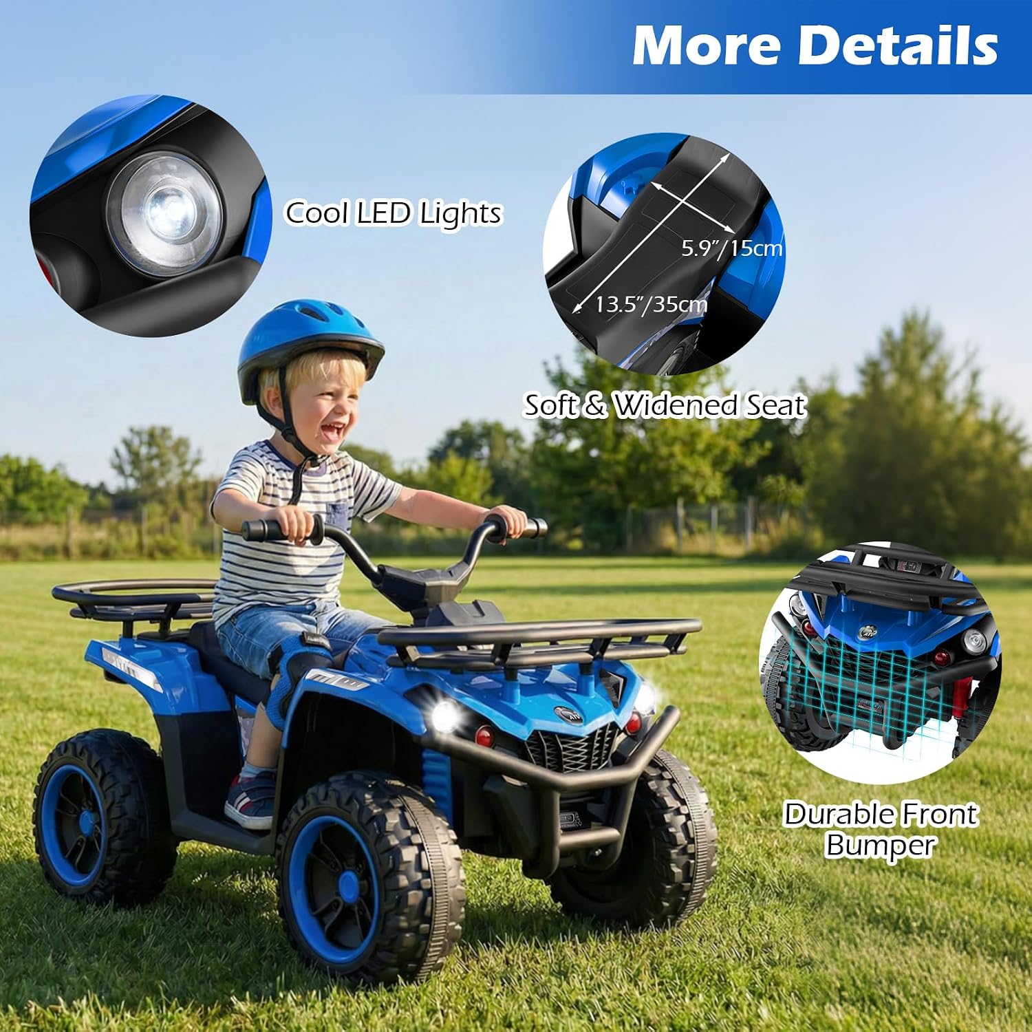 OLAKIDS 12V Kids ATV Quad with 2 Speeds, Spring Suspension, LED Lights, Music & Story Player, Big Tires, 2 Storage Spaces, Ride On Car for Boys Girls Ages 3+(12V, Blue)