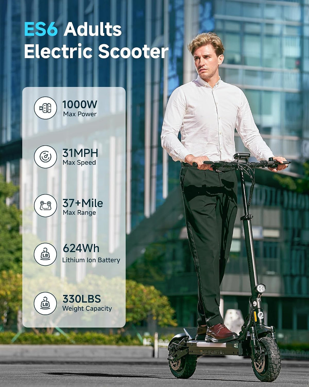 ECOROAD Electric Scooter Adults ES6, 1000W Motor & 31MPH Portable E-Scooter, Up to 37+ Miles Range, 10' Off-Road PneumaticTires, Dual Suspension & Brakes System, RGB Lights & APP Control with Bag