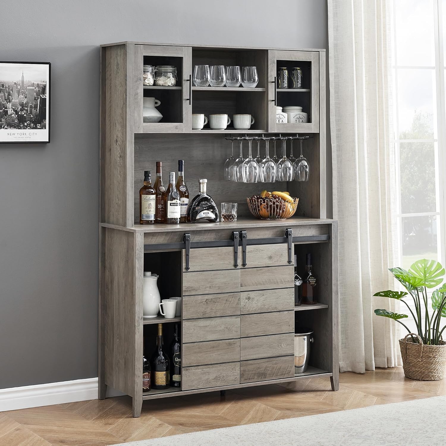 IDEALHOUSE 70'' Wine Coffee Bar Cabinet with Storage Hutch, Tall Kitchen Pantry Liquor Cabinet with Sliding Barn Doors, Bottle Glasses Rack, Farmhouse Buffet for Home Dining Room, Gray