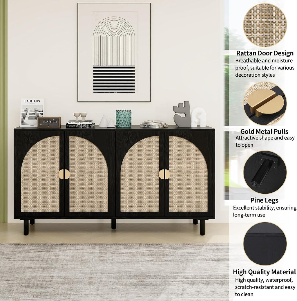 vistavie Black Rattan Buffet 4-Door Storage Cabinet with Adjustable Shelves, Solid Pine Legs, Sideboard TV Stand for Living Room, Coffee Bar for Dining Room & Kitchen