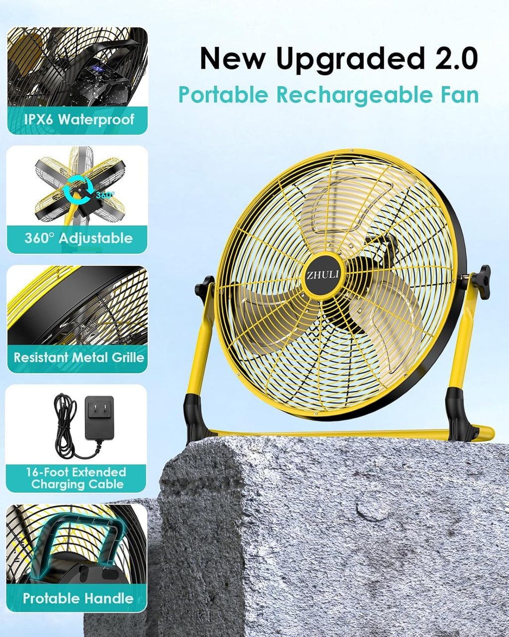 ZHULI 18' Solar Fan, Portable Battery Operated Floor Fan, Rechargeable Cordless Camping Fan, 40W Solar Panel, Hi-Velocity Brushless Motor, Metal blade, USB Phone Charge, 8~60H Runtime, Quiet, Wireless