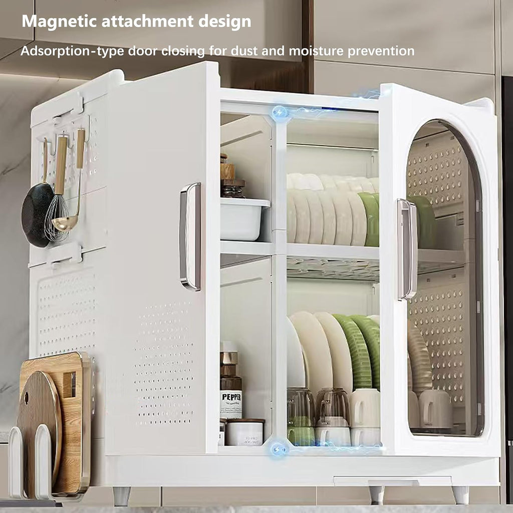 Kitchen Countertop with Drawers Dish Cabinet, Drainer Cabinet, Dual Door Design, Dustproof and Oil Resistant Multifunctional Kitchen Storage Cabinet (White-A)