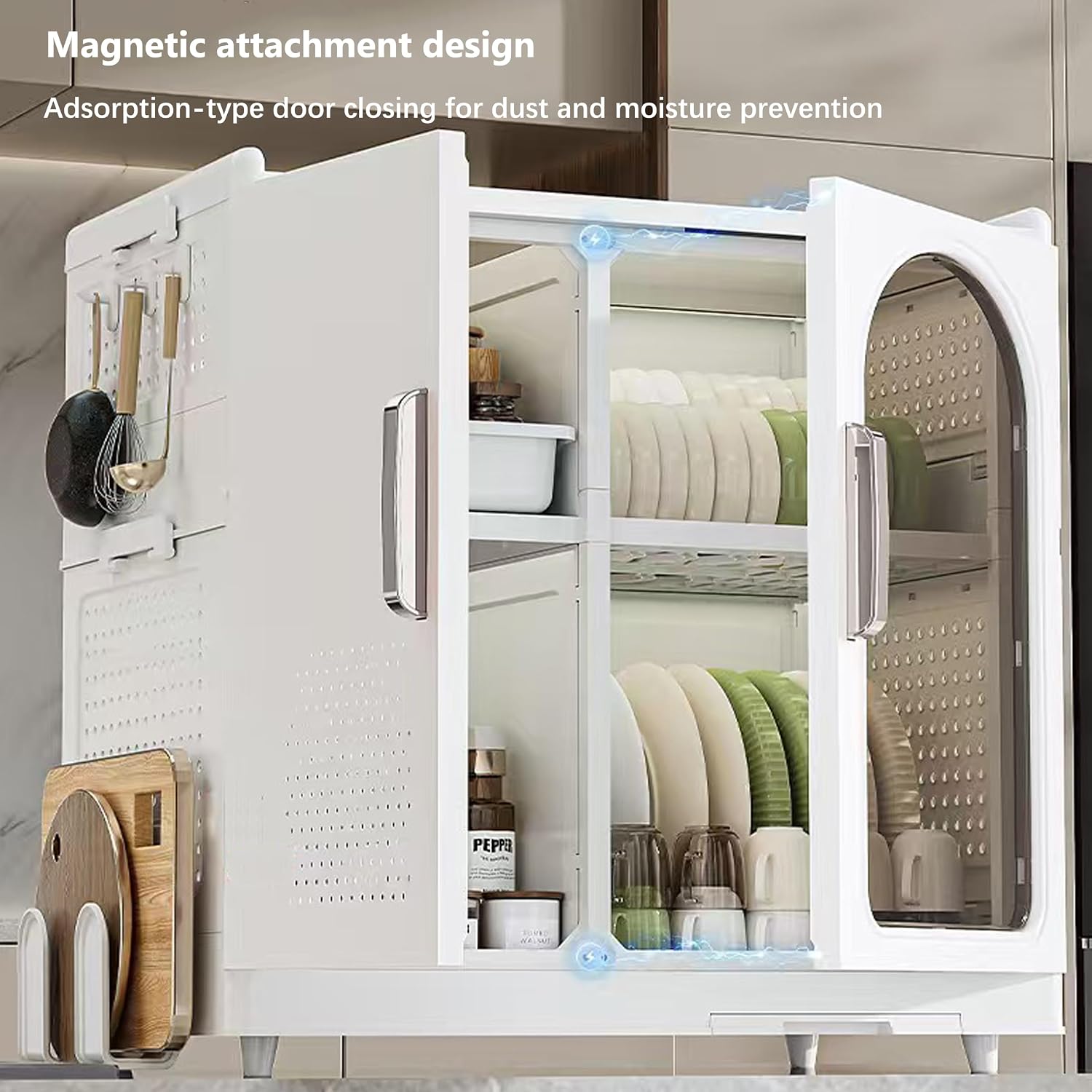 Kitchen Countertop with Drawers Dish Cabinet, Drainer Cabinet, Dual Door Design, Dustproof and Oil Resistant Multifunctional Kitchen Storage Cabinet (White-A)